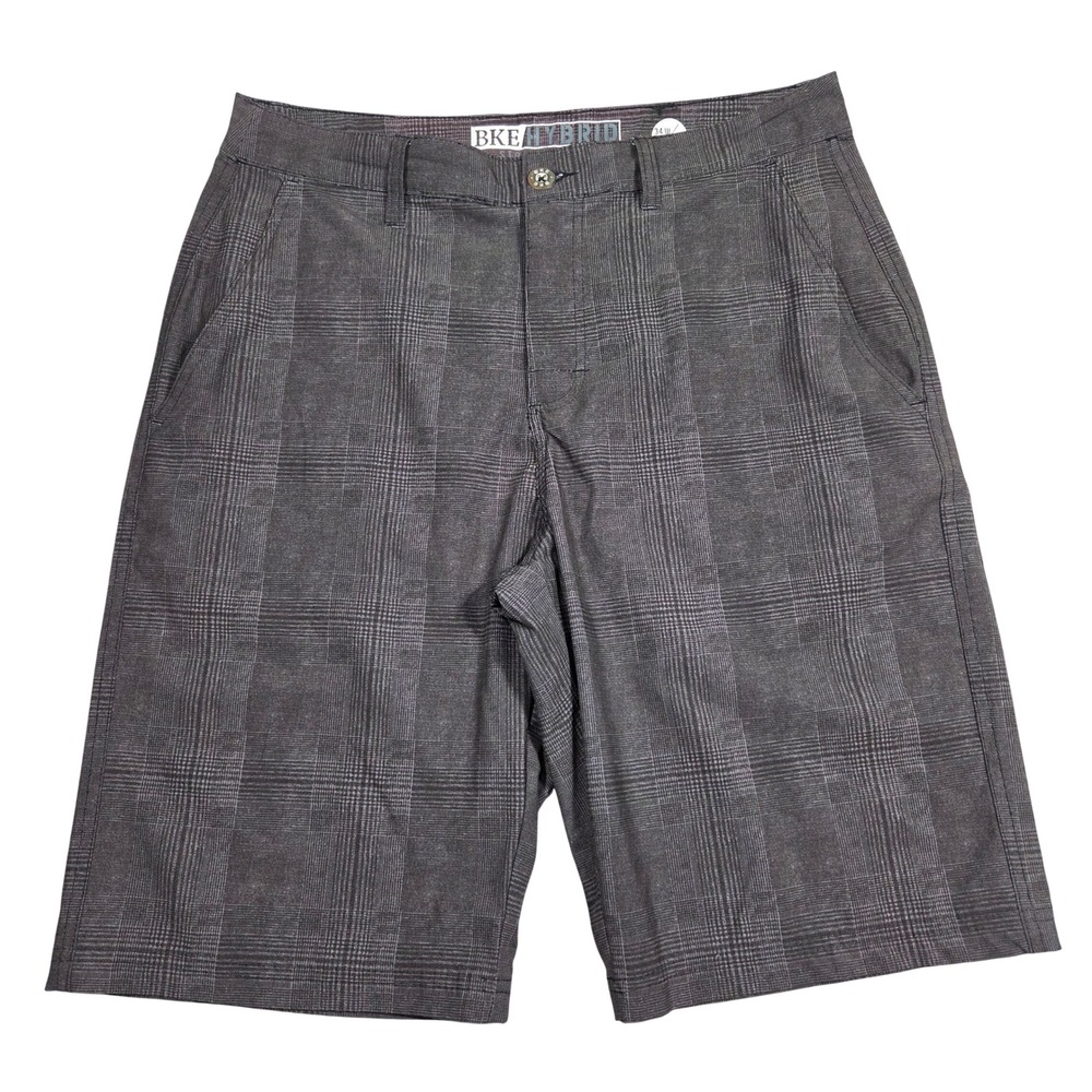 BKE Hybrid Standard Fit Plaid Shorts Mens 34 Black Grey Stretch XZ9841-BK Skater